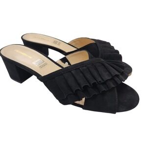 NEW Liz Claiborne Erika Size 10M Mules Slides Black Faux Suede Ruffle Block Heel